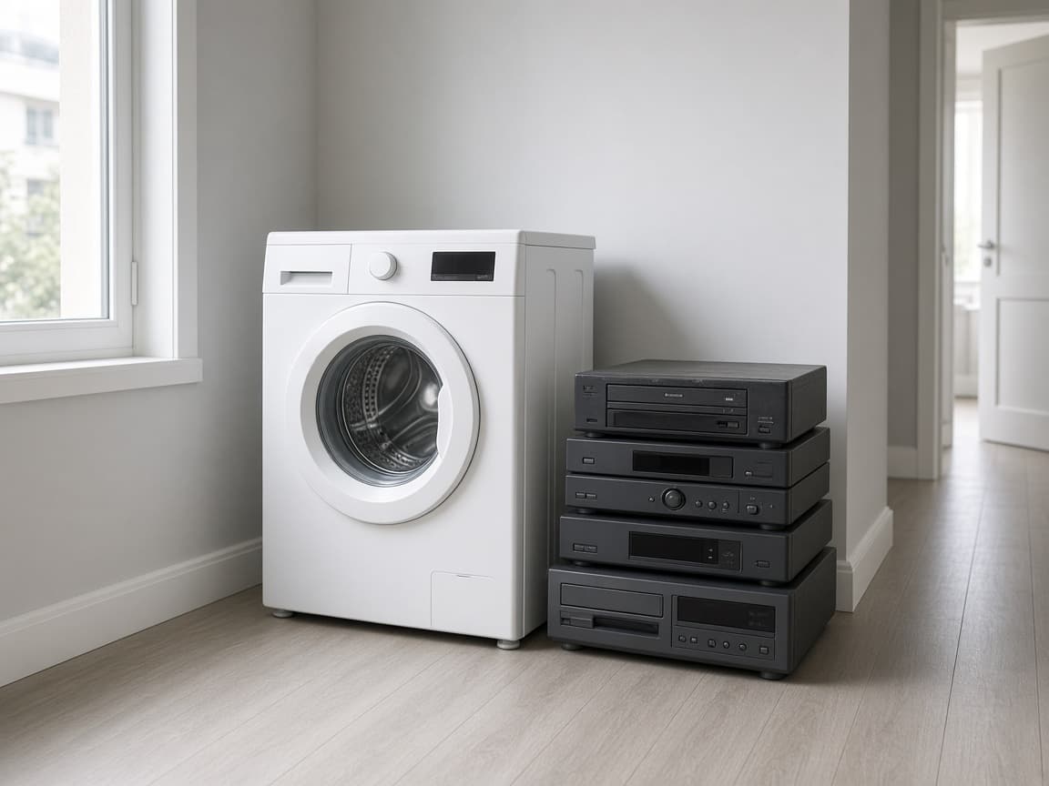Abgeklemmte Waschmaschine und kleine Altgeräte im Hausflur.