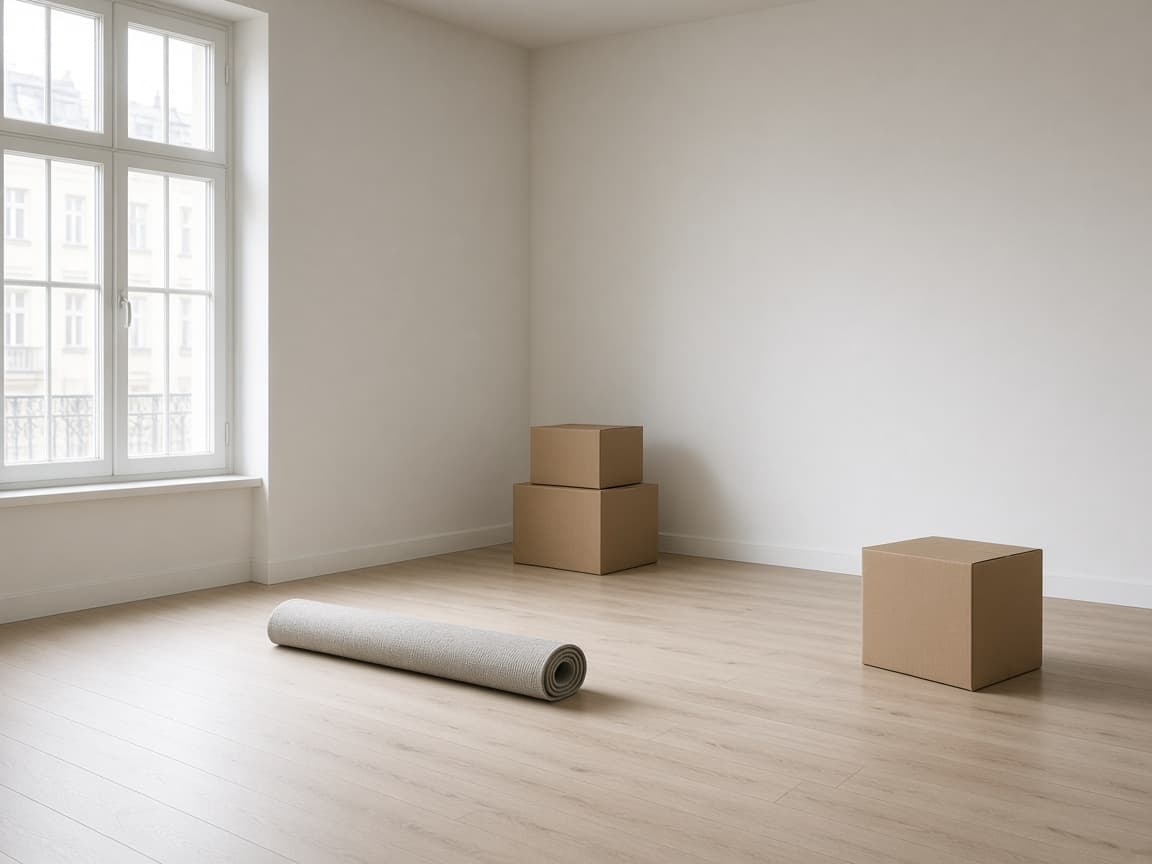 Ein Zimmer, das gerade leergeräumt wird: Kartons, ein gerollter Teppich, Tageslicht.