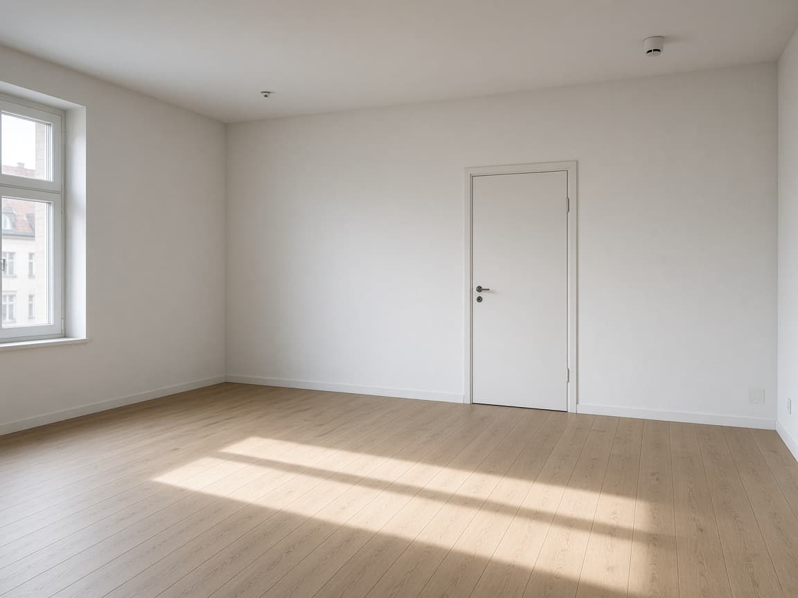 Vollständig leere Wohnung, Sonnenlicht auf dem Holzboden.