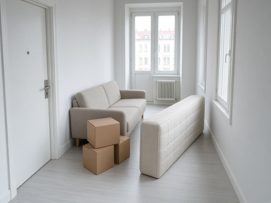 Sofa, Matratze und Kartons im hellen Hausflur, bereit zur Abholung.