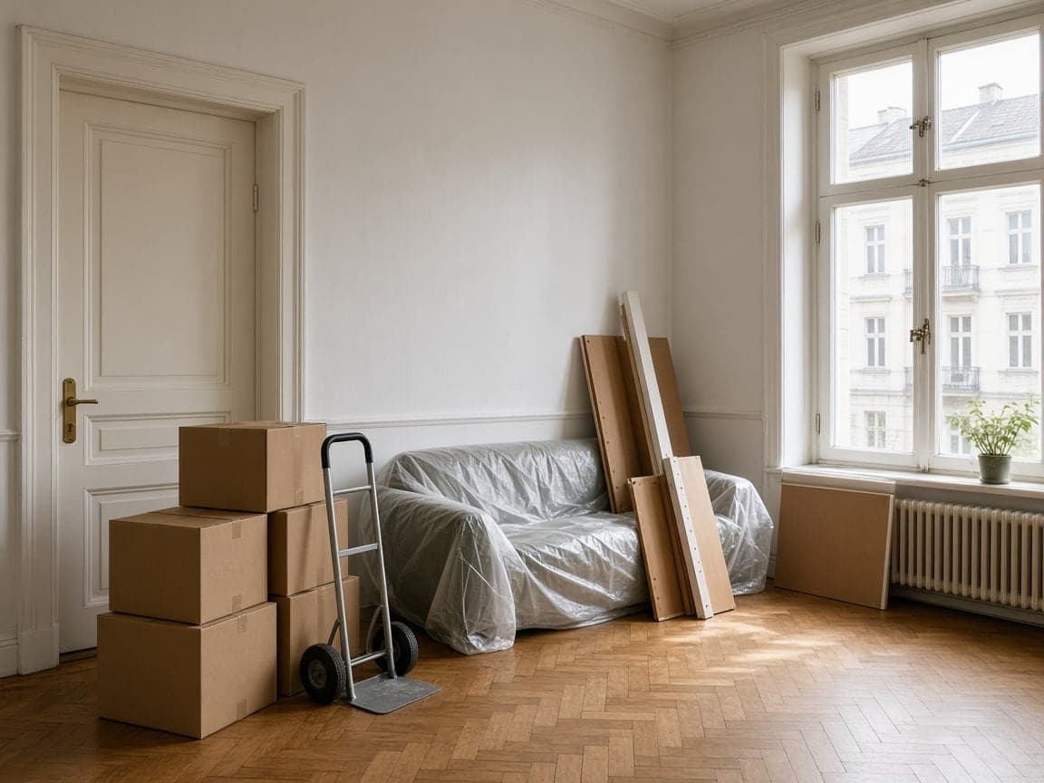 Gepackte Umzugskartons, eine Sackkarre und ein abgedecktes Sofa in einer hellen Altbauwohnung.