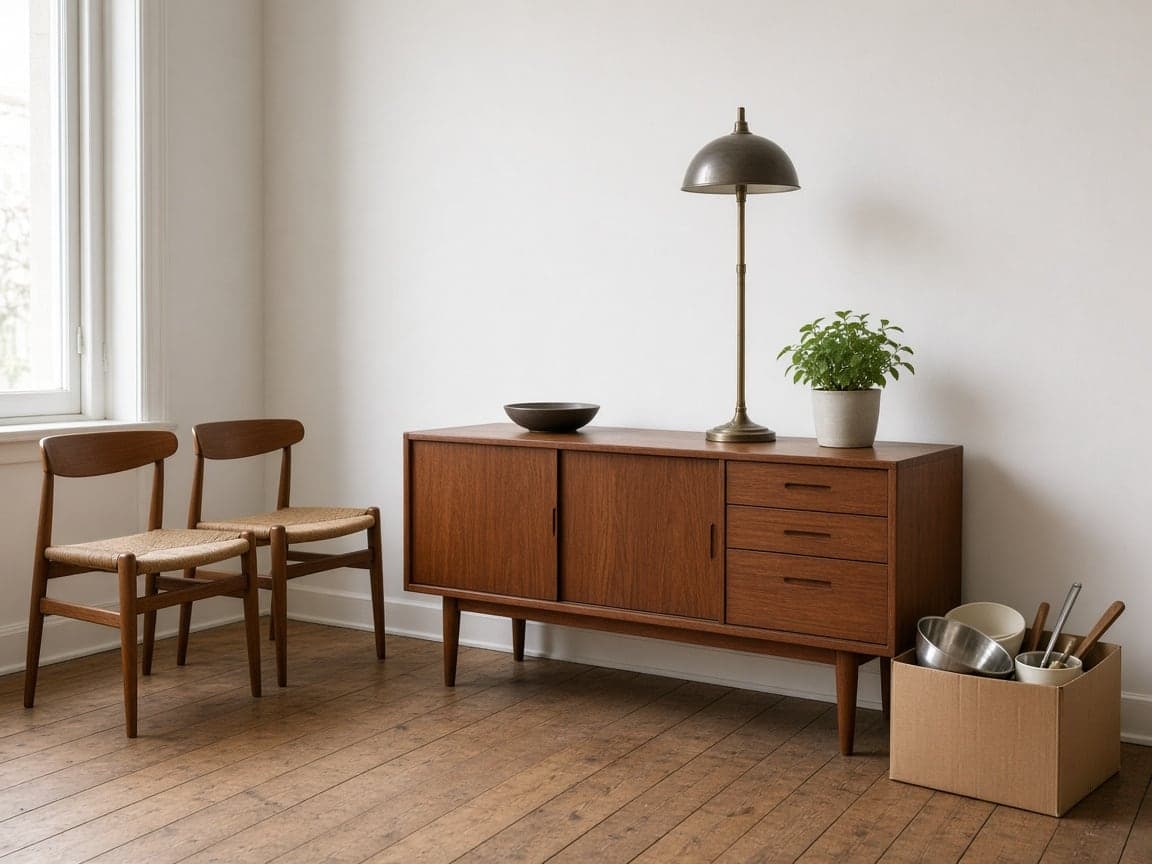 Gut erhaltenes Sideboard, zwei Holzstühle und eine Stehlampe an einer weißen Wand, bereit zum Ankauf.